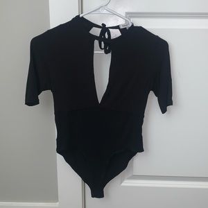 Black XS tie neck open back, plunge neck short sleeve body suit